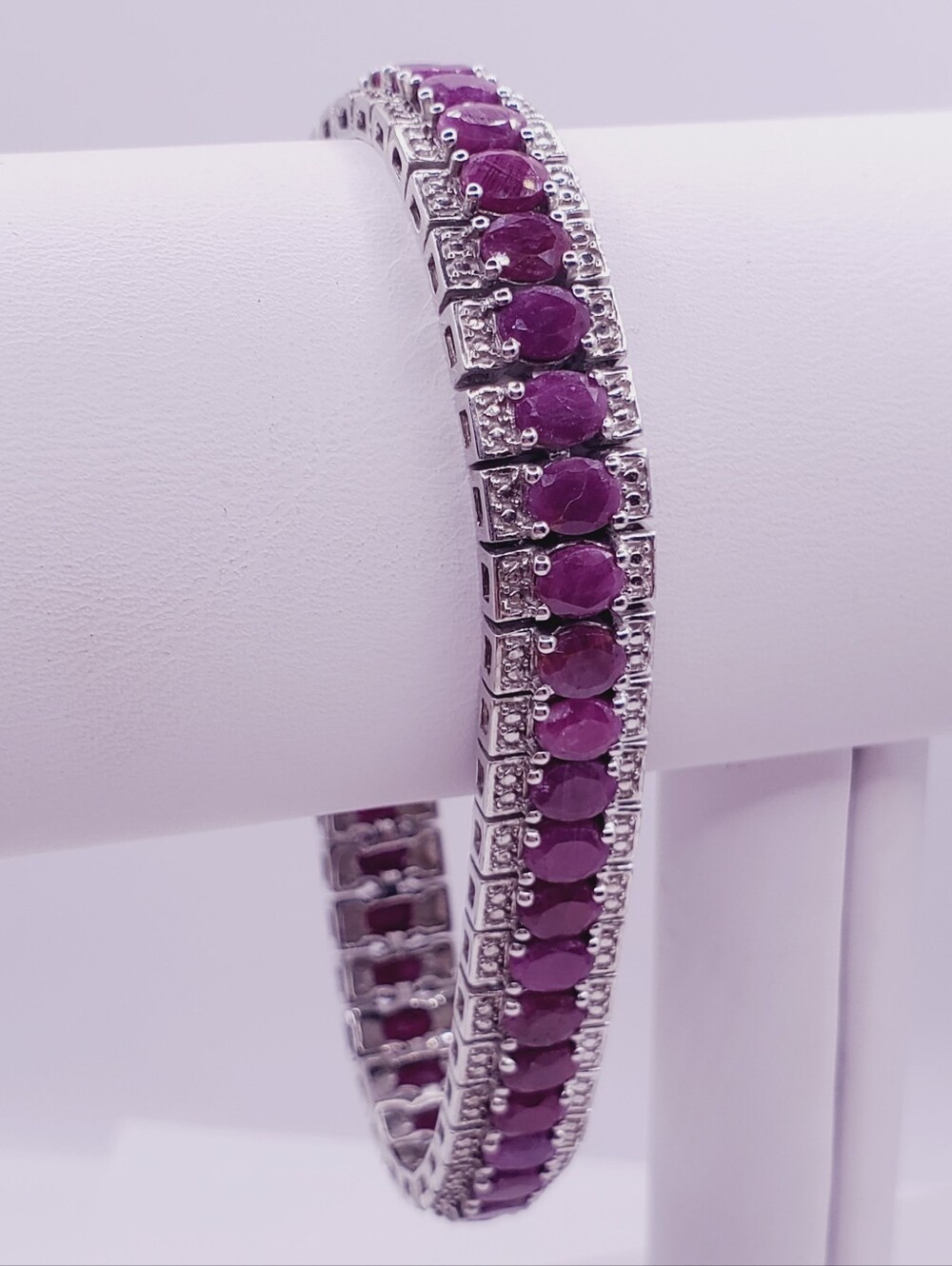 15 Carat Genuine Oval Ruby Tennis Bracelet In Rhodium Over 925 Sterling Silver